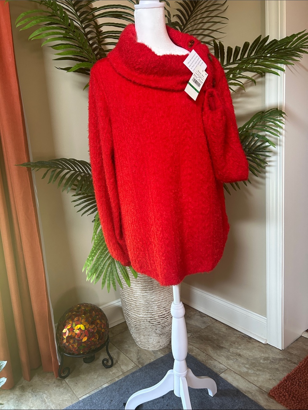 Ruby Rd. Bright Red Cowl Neck Sweater with Button Accent
